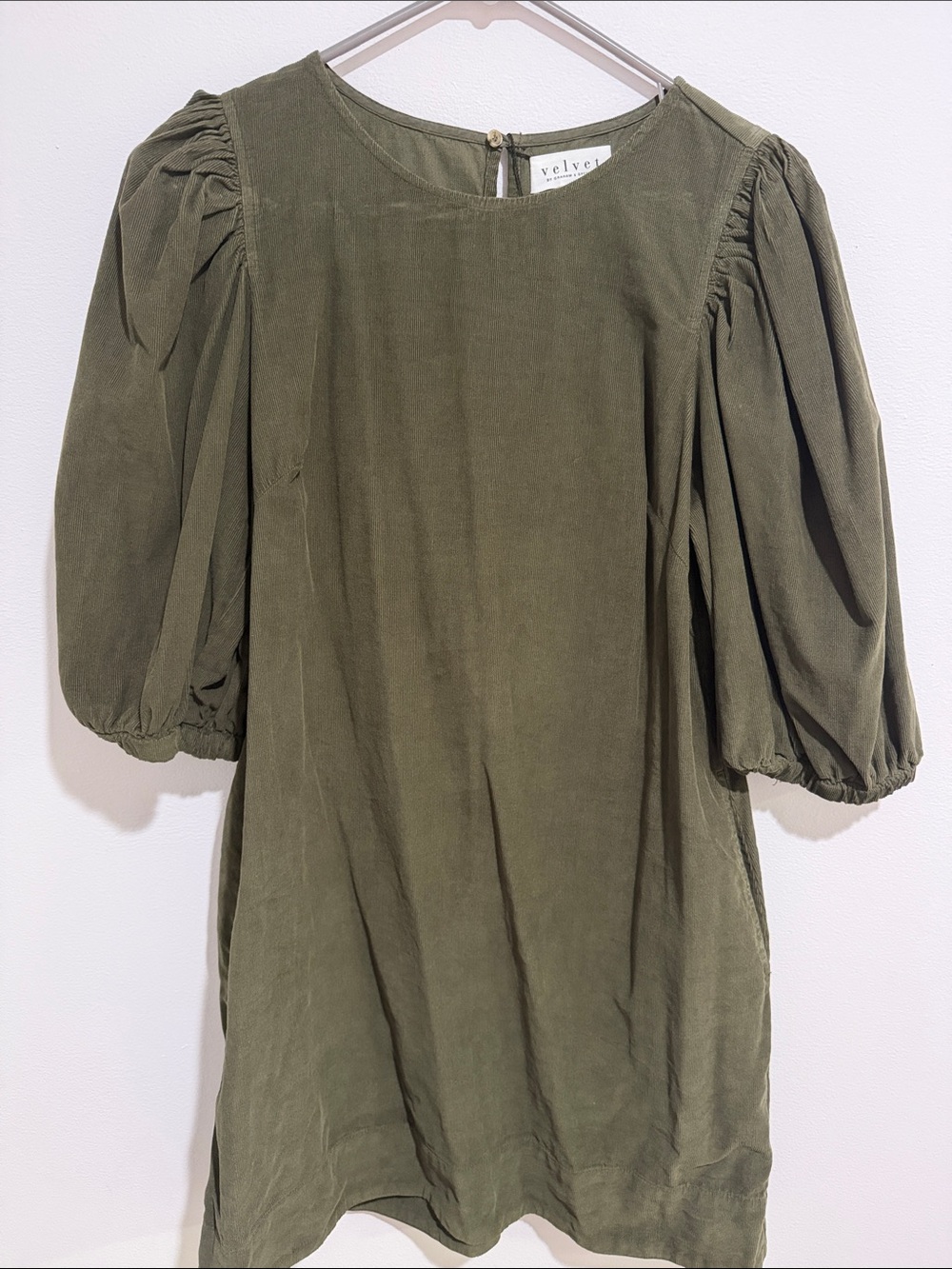 Velvet by Graham & Spencer Green Puff-Sleeve Corduroy Mini Dress Size Small NWT